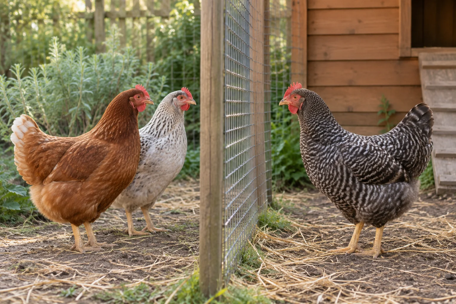 Tre galline stanno tranquille vicino a una rete divisoria in un recinto all'aperto: due da un lato e una dall'altro.