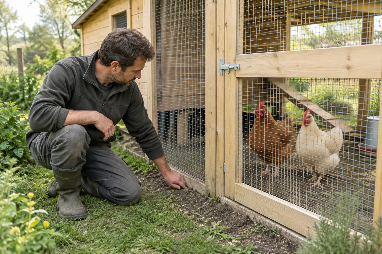 Una persona è inginocchiata vicino al bordo inferiore di un recinto in legno per galline e osserva la rete e il raccordo con il terreno. Due galline sono dietro la rete.