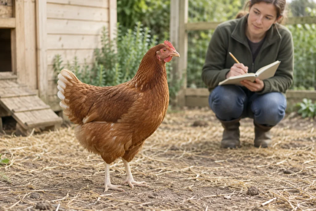 Una gallina marrone sta sulla paglia vicino a un pollaio di legno, mentre una persona accovacciata la osserva con un taccuino in mano.
