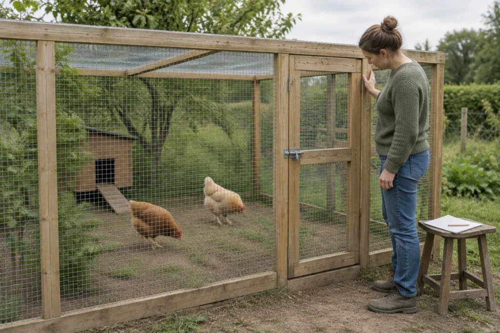 Una persona controlla un recinto per galline in legno con rete e porta chiusa. Due galline razzolano all'interno; su uno sgabello ci sono un foglio bianco e una matita.