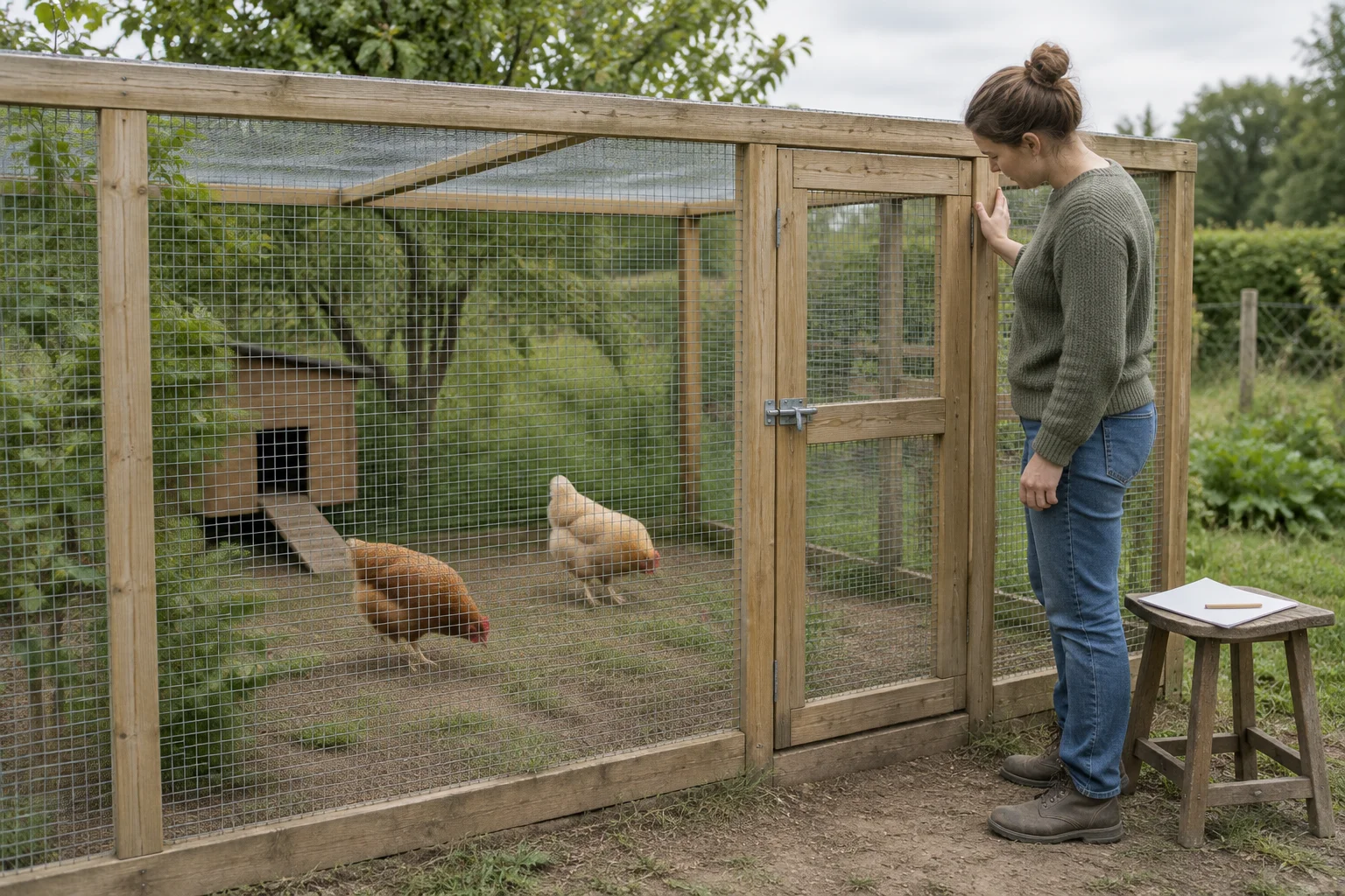 Una persona controlla un recinto per galline in legno con rete e porta chiusa. Due galline razzolano all'interno; su uno sgabello ci sono un foglio bianco e una matita.