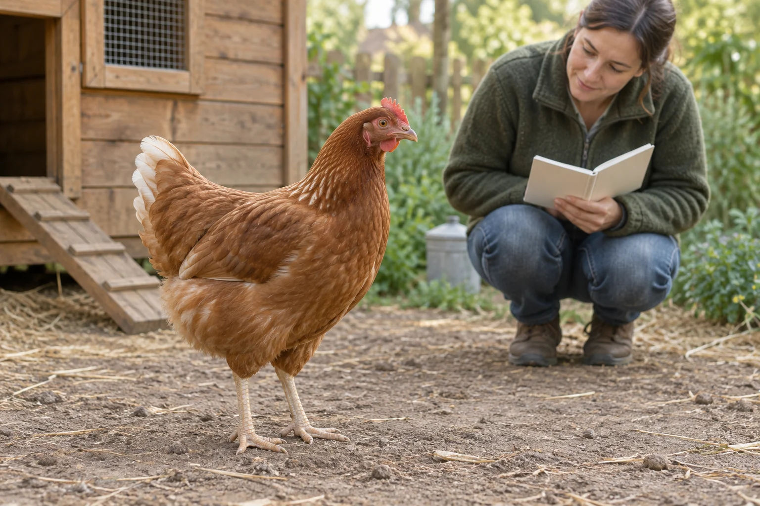 Una gallina marrone sta su un terreno asciutto vicino a un pollaio di legno, con entrambe le zampe visibili, mentre una persona la osserva con un quaderno aperto.