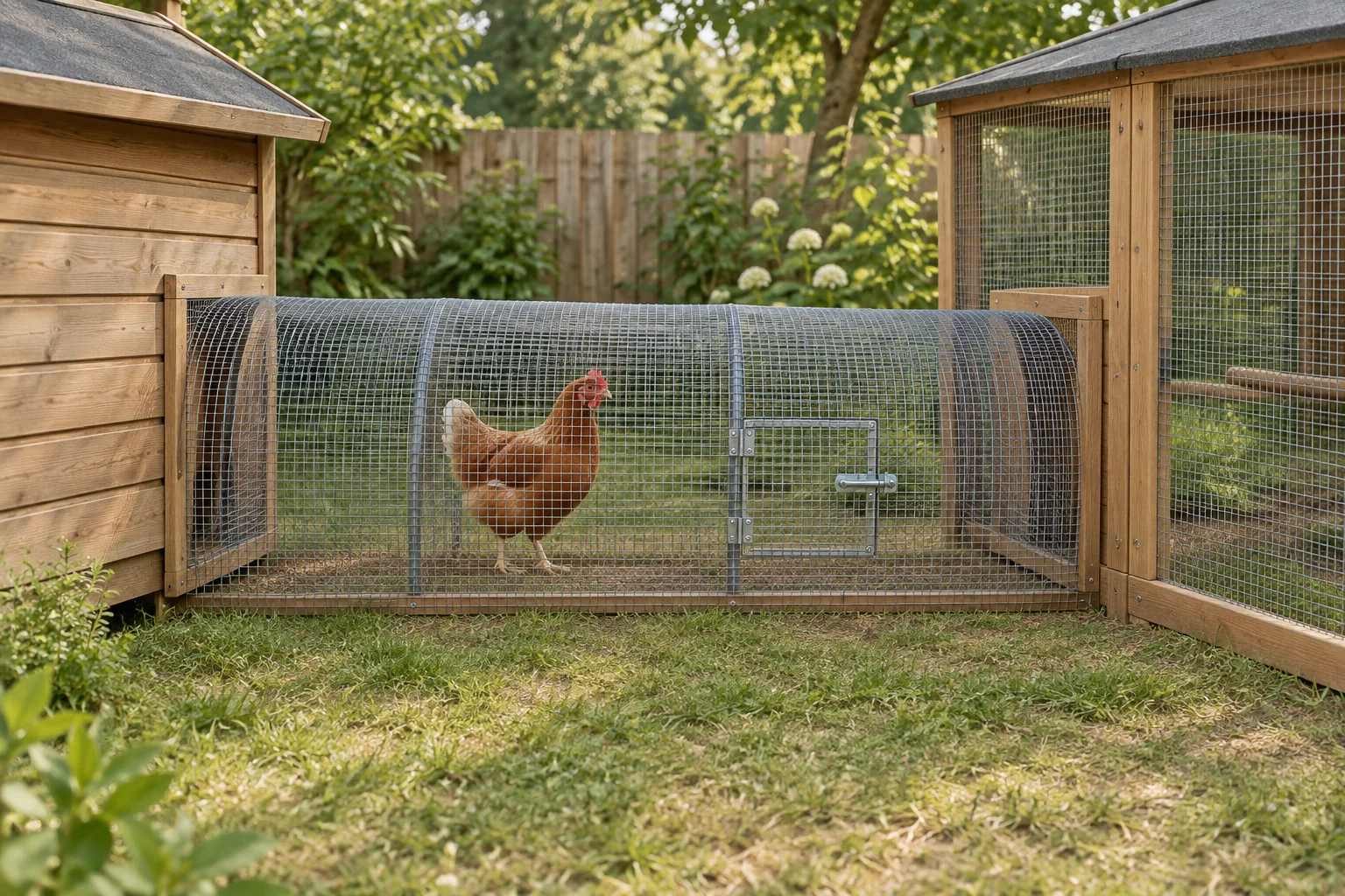 Una gallina marrone si trova in un tunnel di rete tra un pollaio in legno e un recinto esterno.