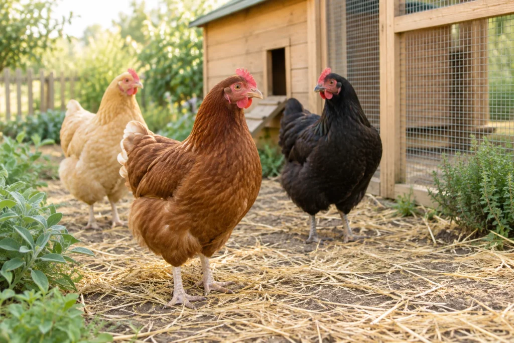 Tre galline accanto a un pollaio di legno in un recinto con paglia sul terreno.