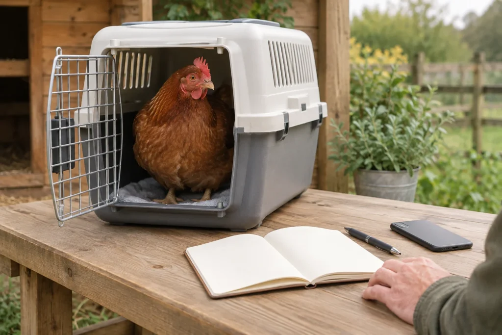 Gallina marrone in un trasportino aperto su un tavolo di legno, accanto a un quaderno vuoto, una penna e un telefono.