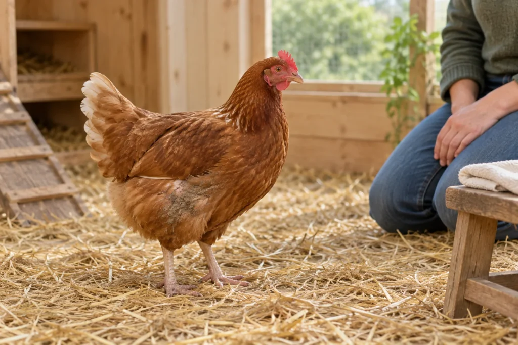 Una gallina marrone con una macchia di terra sul fianco è in piedi sulla paglia, mentre una persona è seduta accanto a lei. Un panno è appoggiato su uno sgabello.