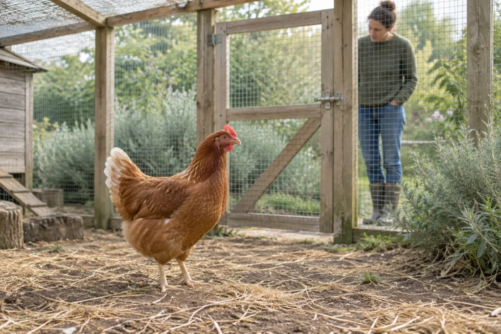 Gallina marrone in un recinto, con una persona vicino al cancello di legno.