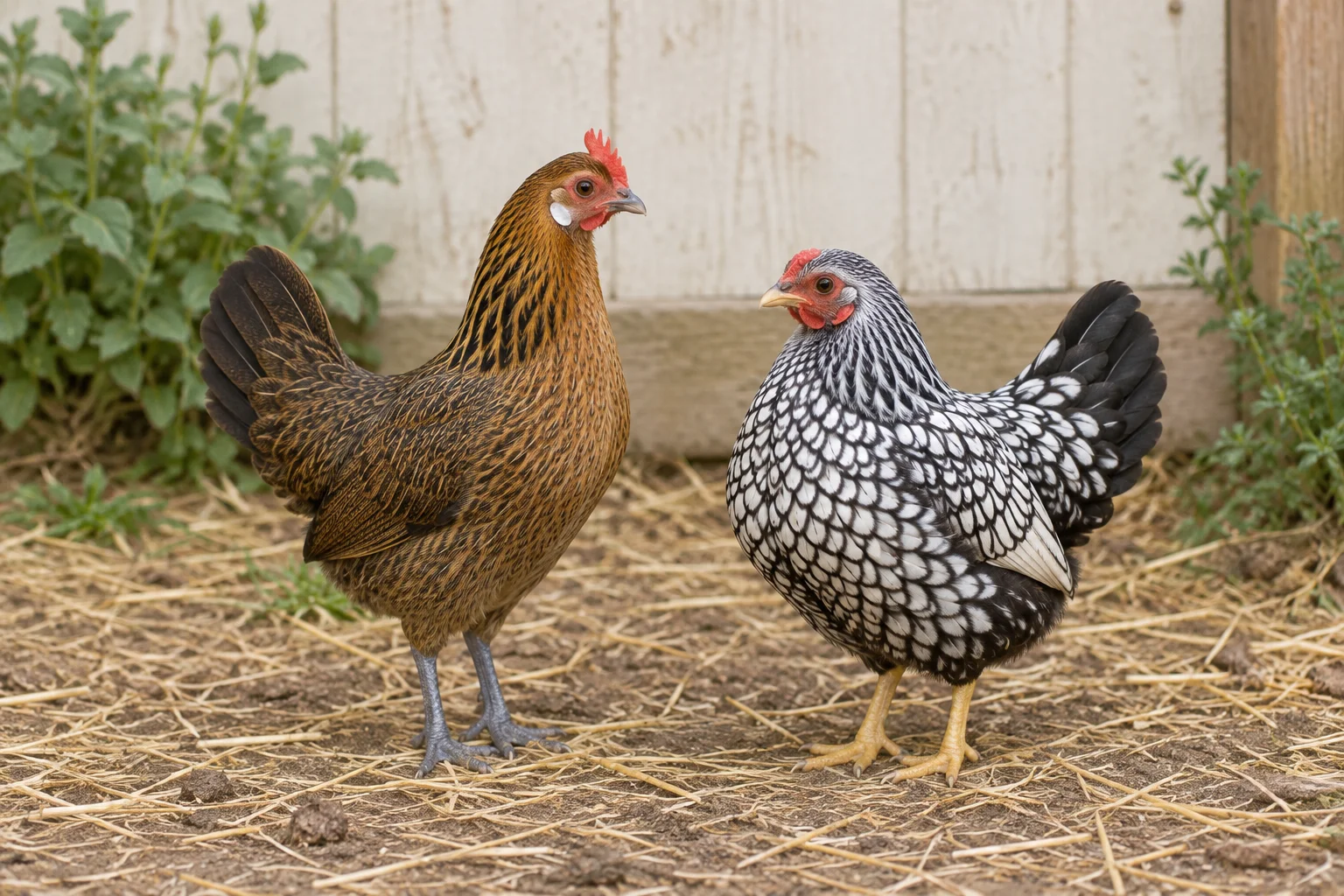 Due galline nane in un recinto esterno: a sinistra una gallina marrone e nera con zampe blu ardesia, a destra una gallina dal piumaggio bianco e nero con zampe gialle.