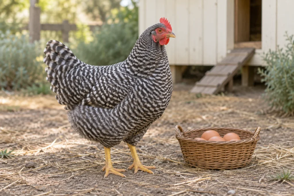 Una gallina striata accanto a un cesto di vimini con uova brune, davanti a un pollaio in legno.