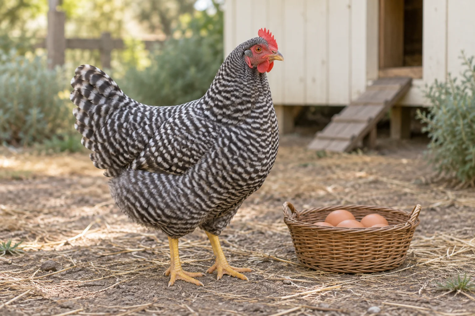 Una gallina striata accanto a un cesto di vimini con uova brune, davanti a un pollaio in legno.