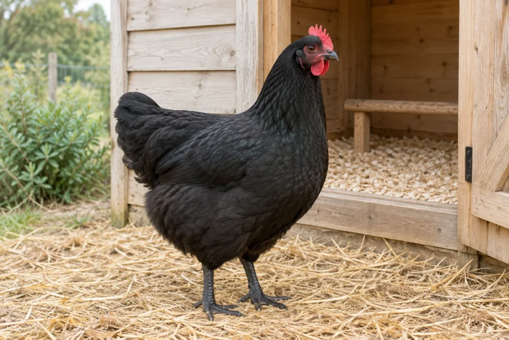 Un grande pollo nero con una cresta rossa sta sulla paglia davanti a un pollaio di legno aperto con un posatoio.