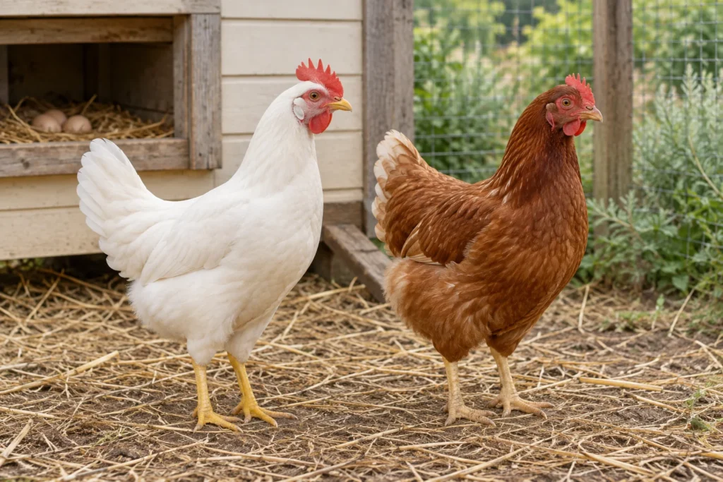 Una gallina bianca e una marrone stanno sulla paglia accanto a un pollaio di legno; in un nido ci sono due uova.