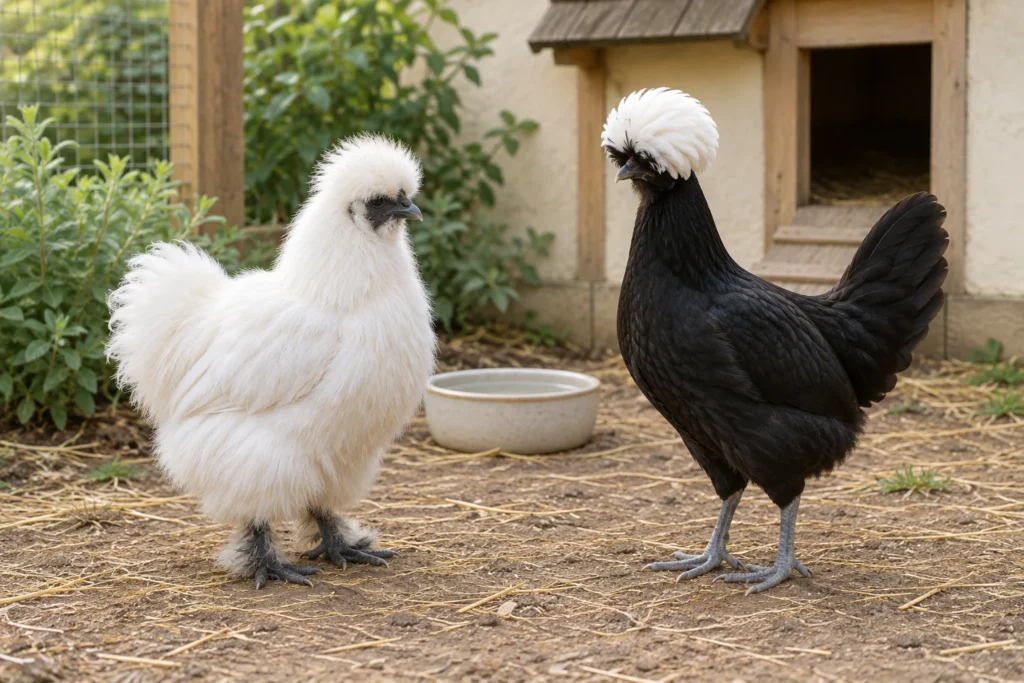 Una gallina bianca dal piumaggio soffice e una gallina nera con un ciuffo bianco sono accanto a una ciotola d'acqua davanti a un pollaio.