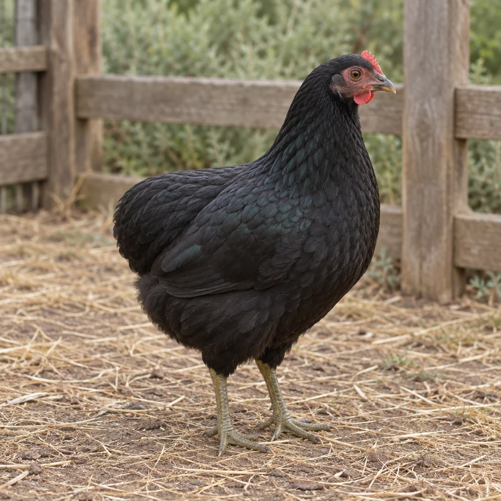 Illustrazione di una gallina nera senza coda visibile accanto a una staccionata di legno.
