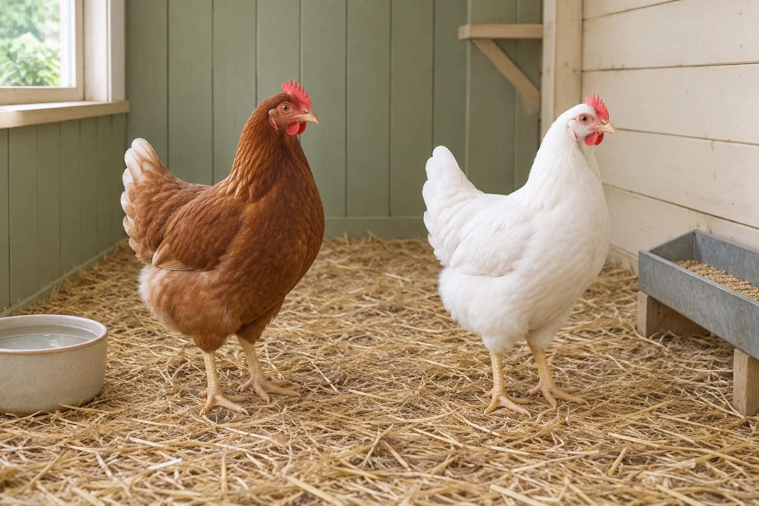 Una gallina marrone e una bianca stanno sulla paglia in un pollaio, con un abbeveratoio e una mangiatoia nelle vicinanze.