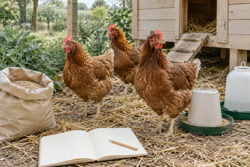 Tre galline marroni accanto a un pollaio di legno, con un quaderno aperto e vuoto, un sacco di mangime, una mangiatoia e un abbeveratoio.