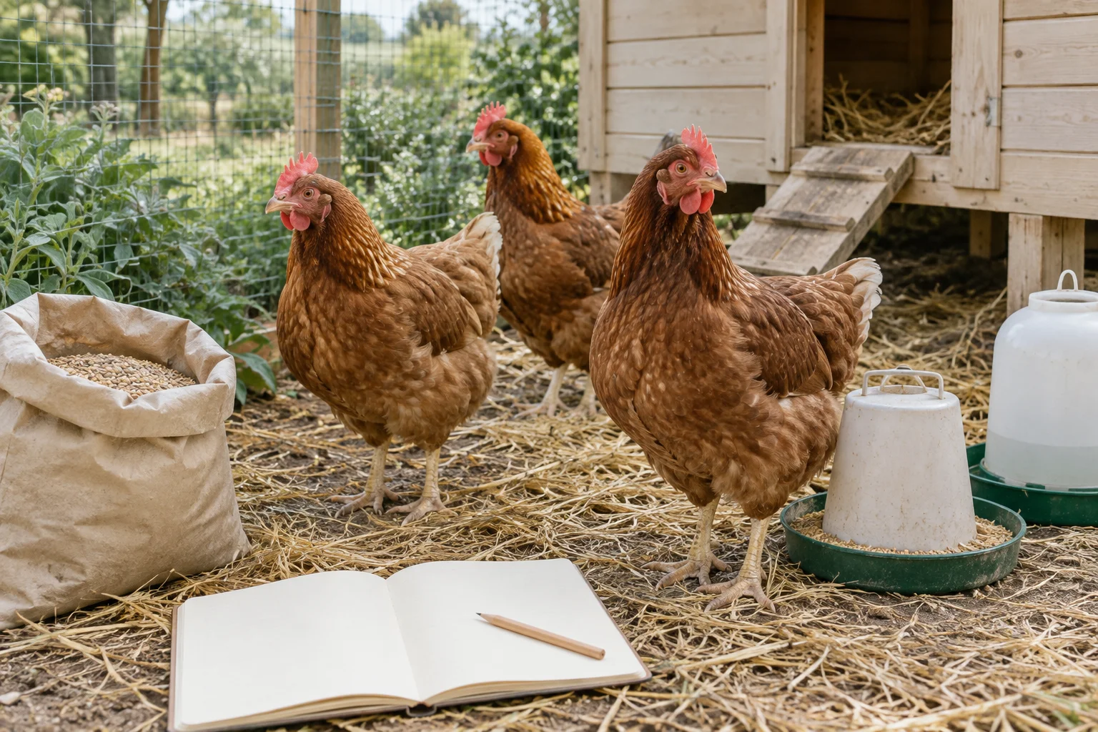 Tre galline marroni accanto a un pollaio di legno, con un quaderno aperto e vuoto, un sacco di mangime, una mangiatoia e un abbeveratoio.