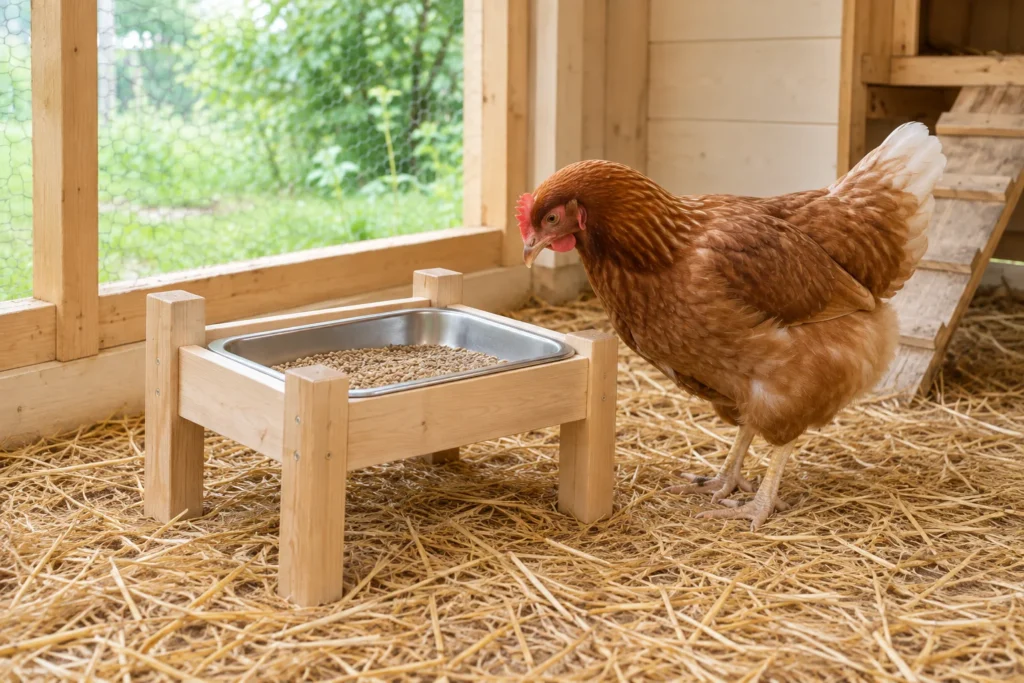 Gallina marrone accanto a una mangiatoia in legno con una vaschetta di metallo piena di mangime, sulla paglia in un pollaio.
