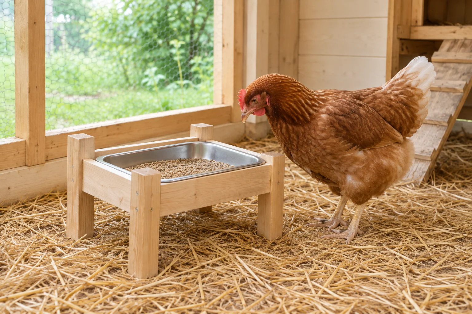Gallina marrone accanto a una mangiatoia in legno con una vaschetta di metallo piena di mangime, sulla paglia in un pollaio.
