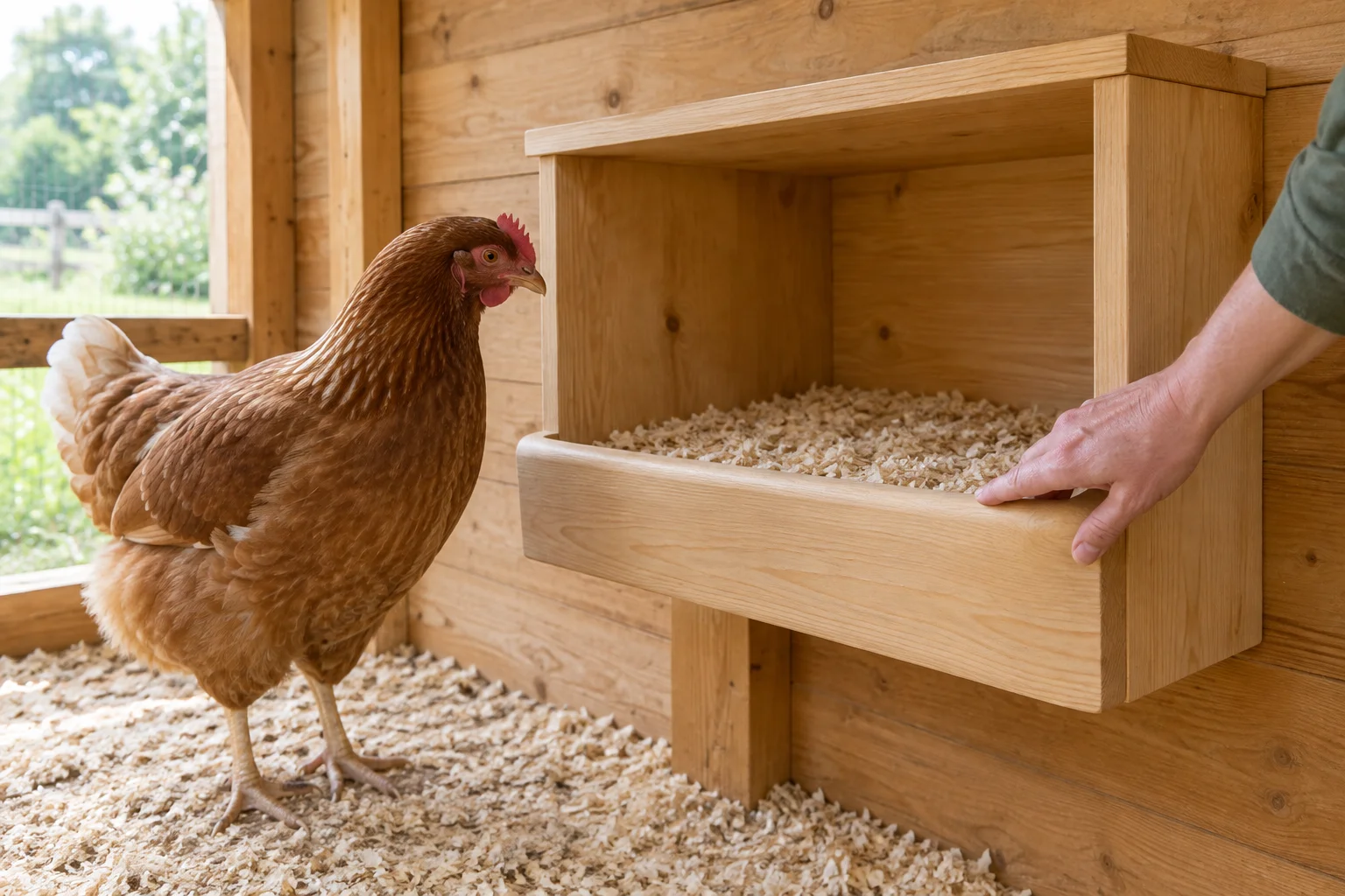Gallina marrone accanto a un nido in legno con trucioli; una mano tocca il bordo anteriore.