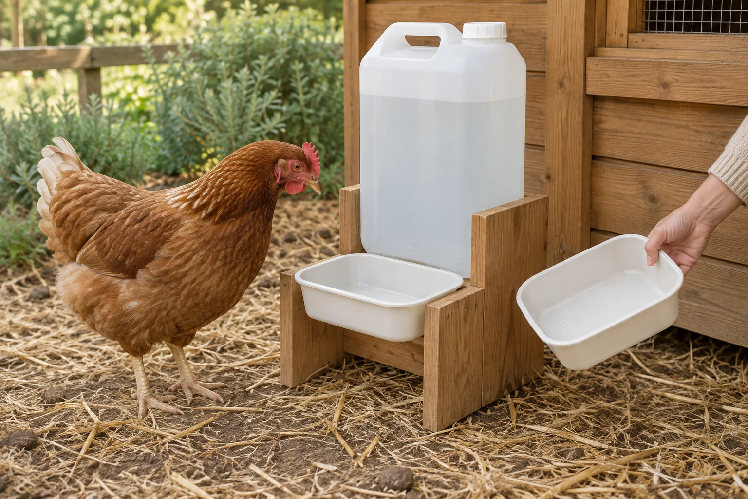 Gallina marrone accanto a una tanica bianca e a due recipienti di plastica vicino a un pollaio.