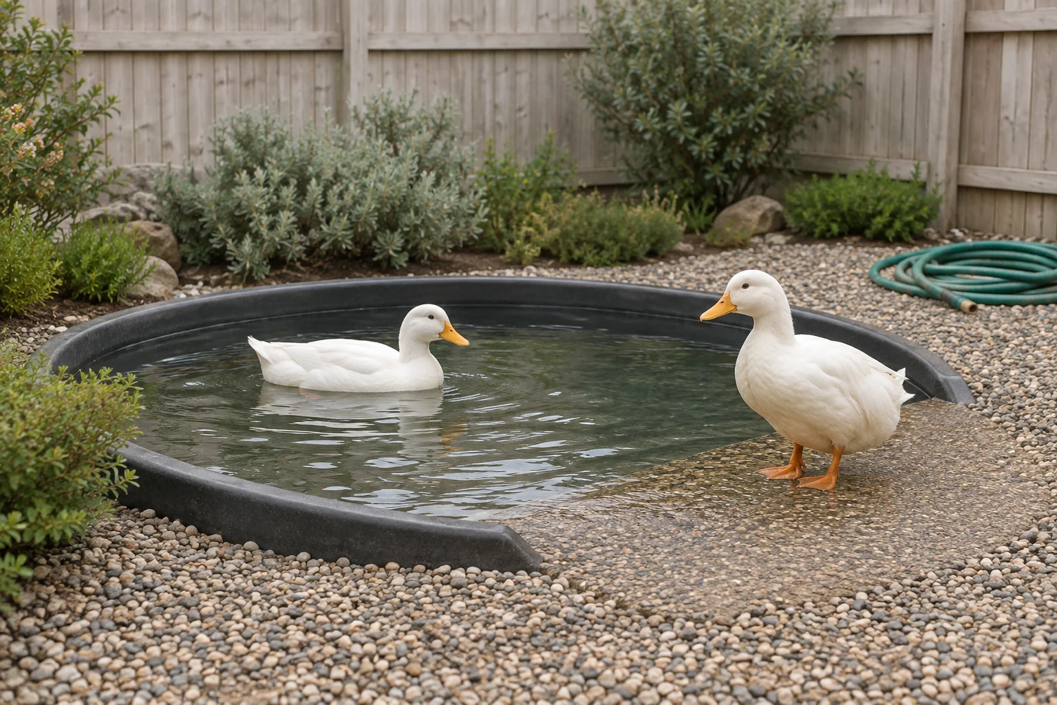 Due anatre domestiche bianche accanto a una vasca bassa per il bagno in un recinto. Un'anatra nuota e l'altra si trova sull'ampio accesso al bordo dell'acqua.