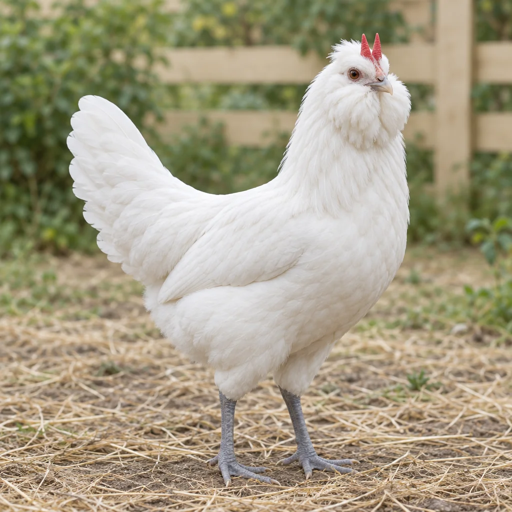 Gallina bianca con folta barba di penne, due punte rosse della cresta e zampe blu ardesia in un cortile con paglia.