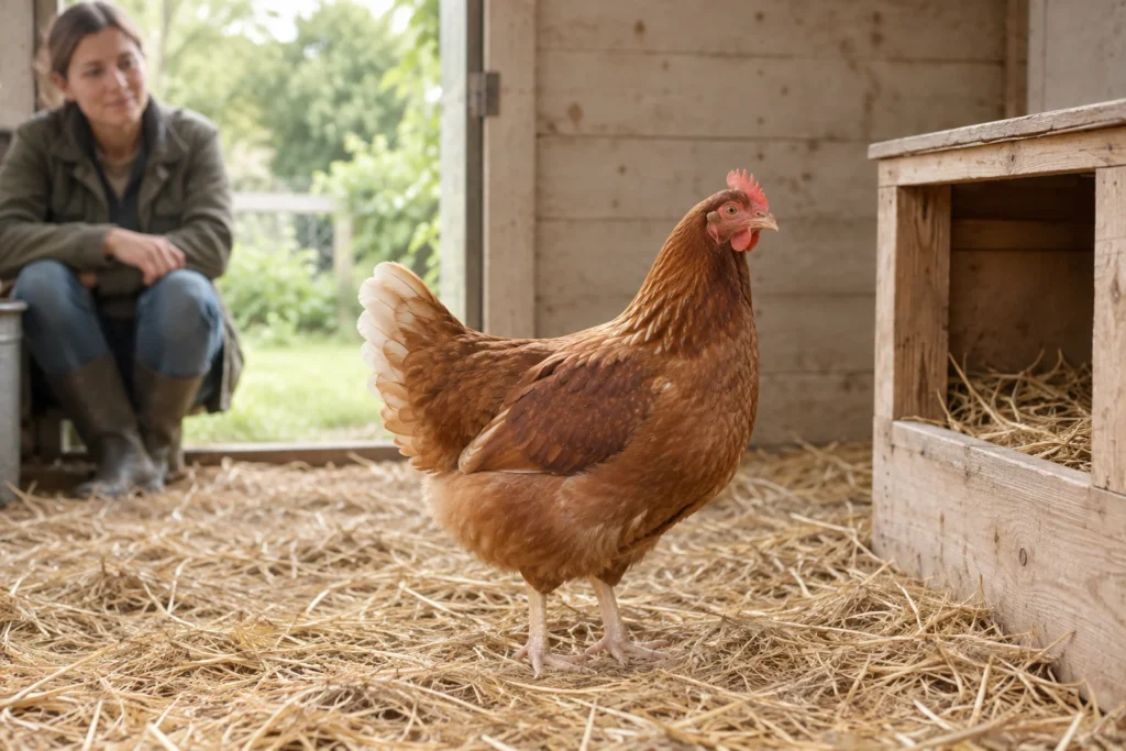 Una gallina marrone è in piedi sulla paglia accanto a un nido di deposizione in legno, mentre chi se ne prende cura la osserva dalla porta.