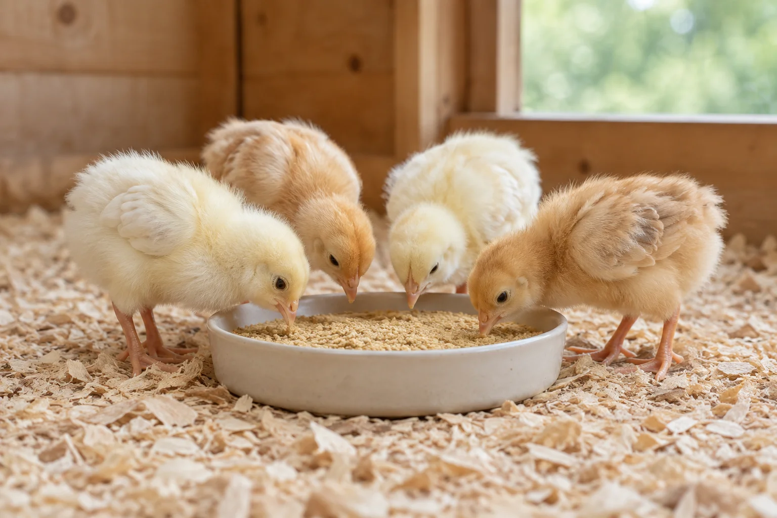 Quattro giovani pulcini di gallina mangiano da una ciotola bassa con mangime, su trucioli di legno in un ambiente con pareti di legno.