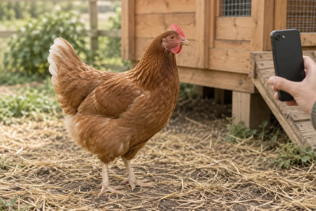 Gallina marrone accanto a un pollaio in legno; sul bordo dell'immagine si vede una mano che le punta un telefono.