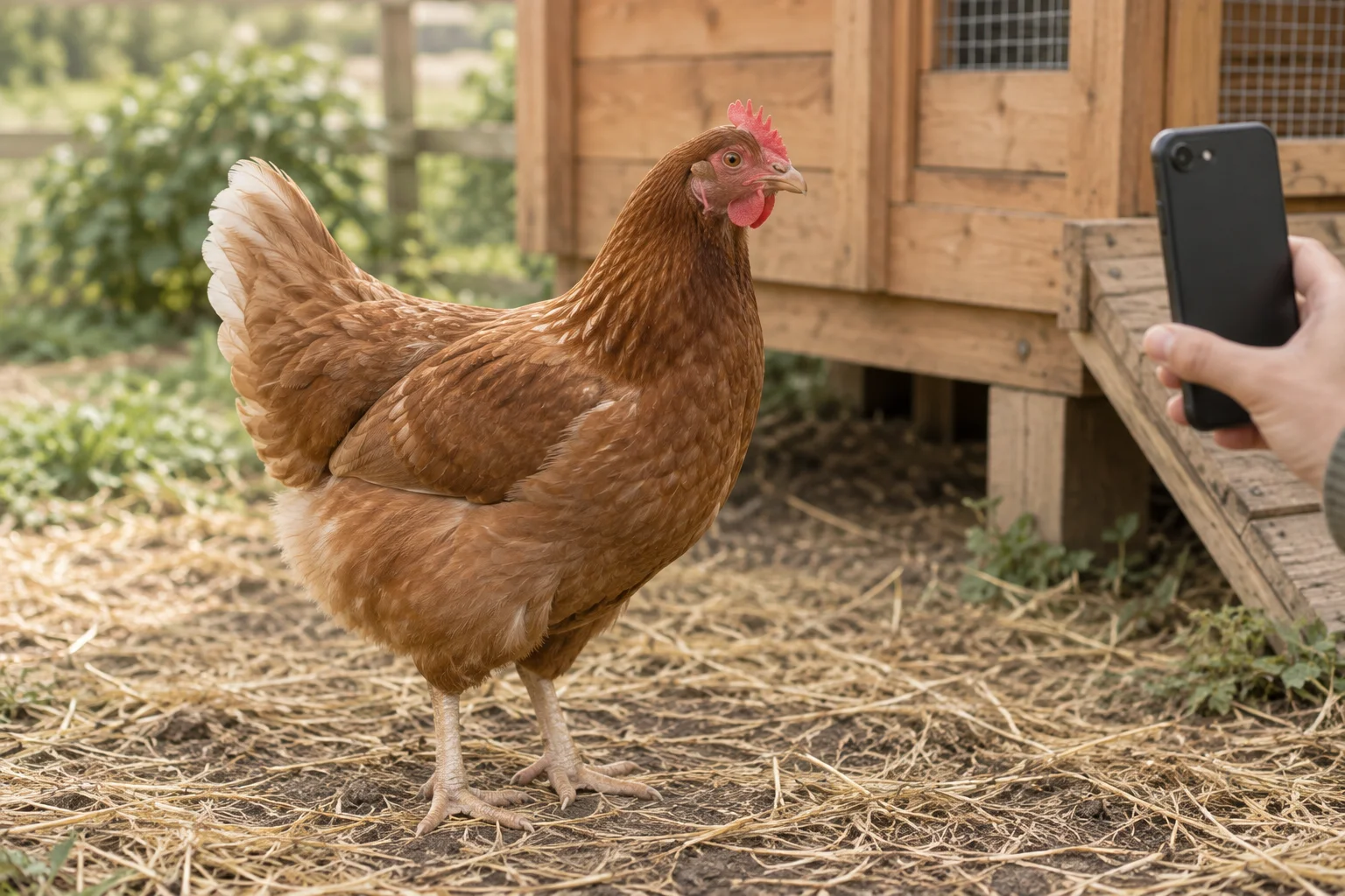 Gallina marrone accanto a un pollaio in legno; sul bordo dell'immagine si vede una mano che le punta un telefono.