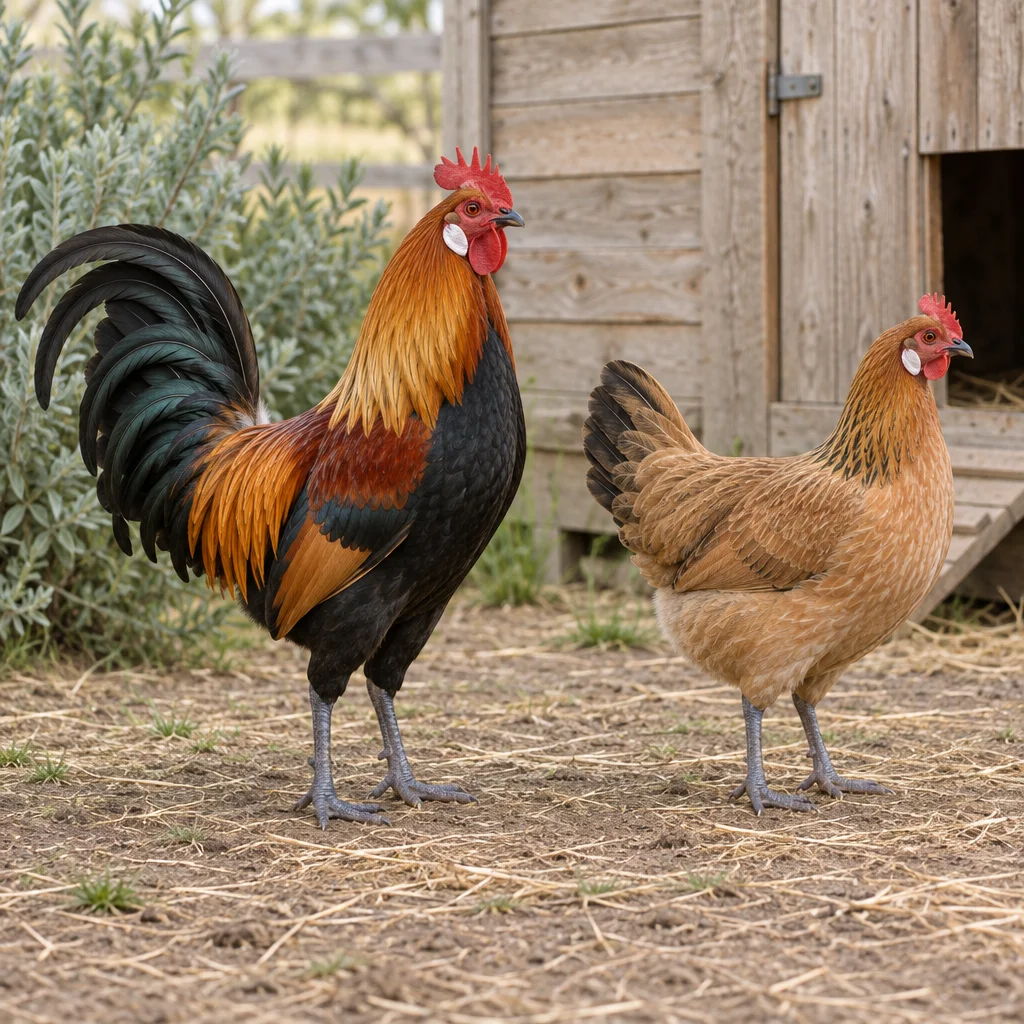 Illustrazione di un gallo variopinto e una gallina marrone chiaro con orecchioni bianchi e zampe grigio azzurre accanto a un pollaio di legno.
