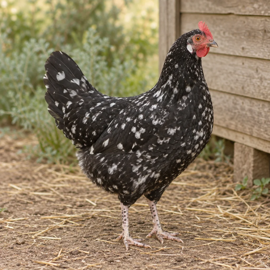 Una gallina nera macchiettata di bianco, con cresta rossa e lobo auricolare bianco, si trova su un'aia con paglia, accanto a un pollaio di legno.