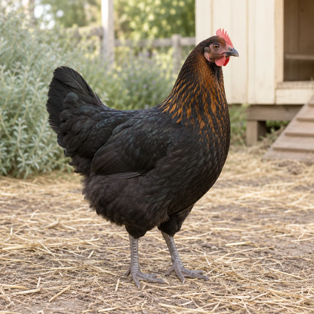 Illustrazione di una gallina nera con piume color rame sul collo e cresta rossa accanto a un pollaio.