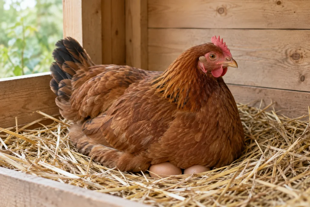 Una gallina marrone è seduta su un nido di paglia in un ricovero di legno, con due uova visibili sotto il petto.