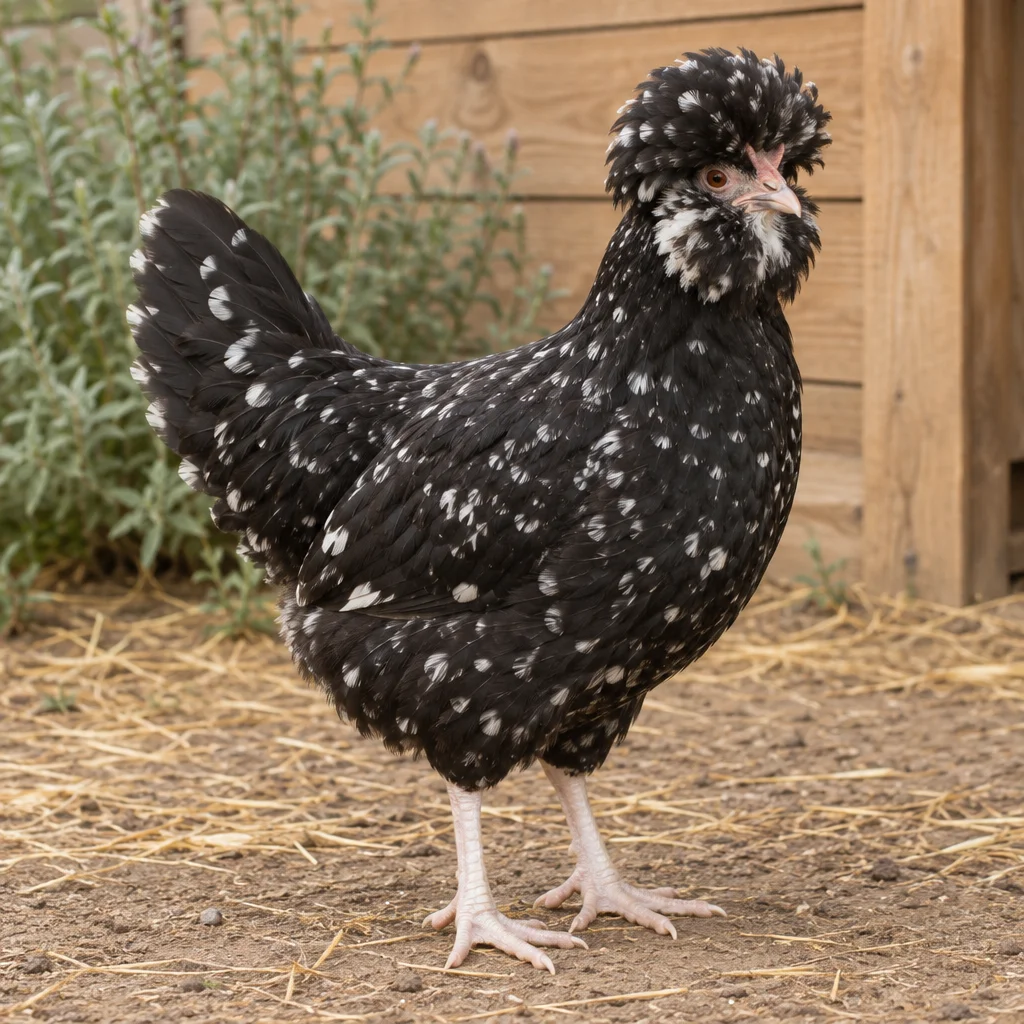 Illustrazione di una gallina Houdan con ciuffo, barba e piume nere con macchie bianche in un recinto.
