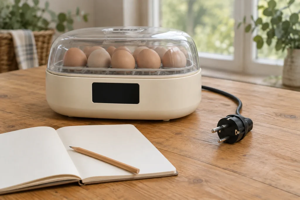 Incubatrice con uova su un tavolo, accanto a una spina scollegata e a un quaderno aperto.