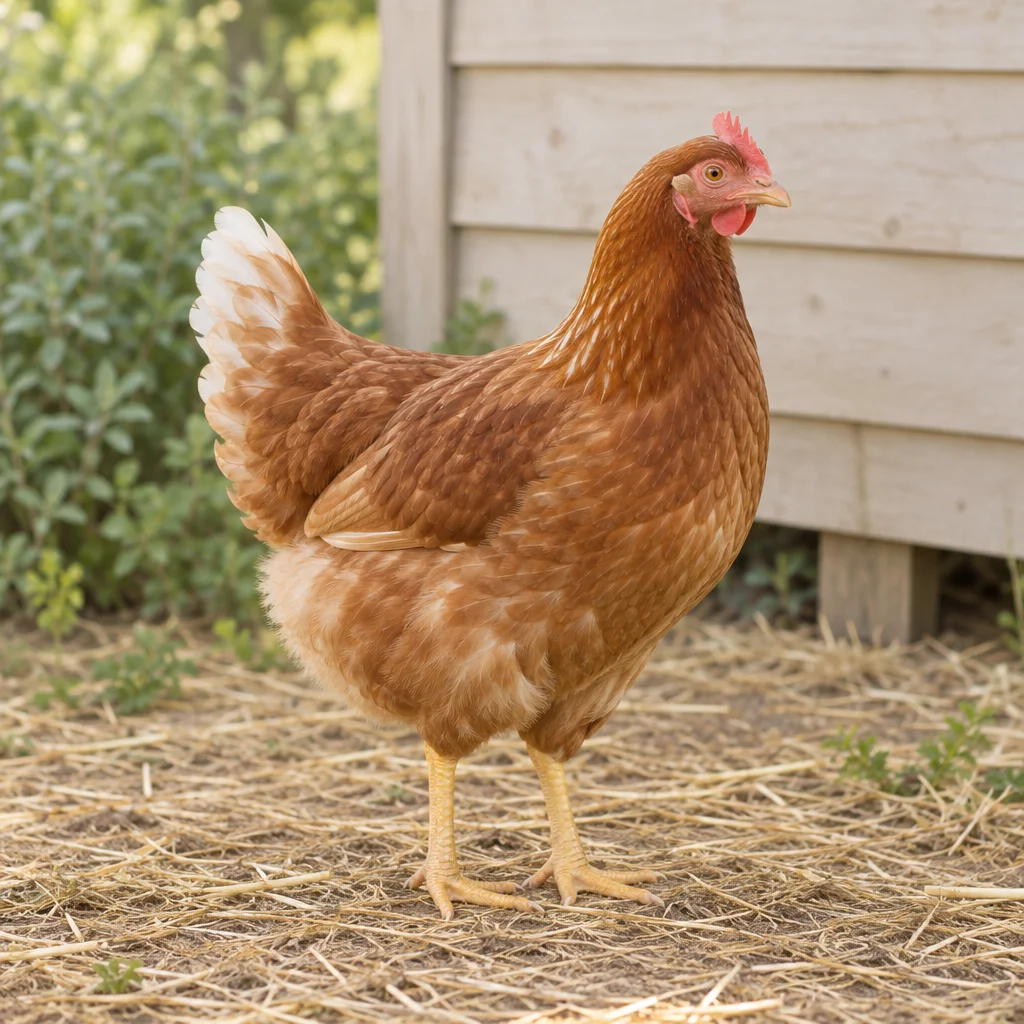 Gallina bruno rossiccia con cresta rossa, penne della coda chiare e zampe gialle, visibile per intero sulla paglia accanto a un pollaio in legno.