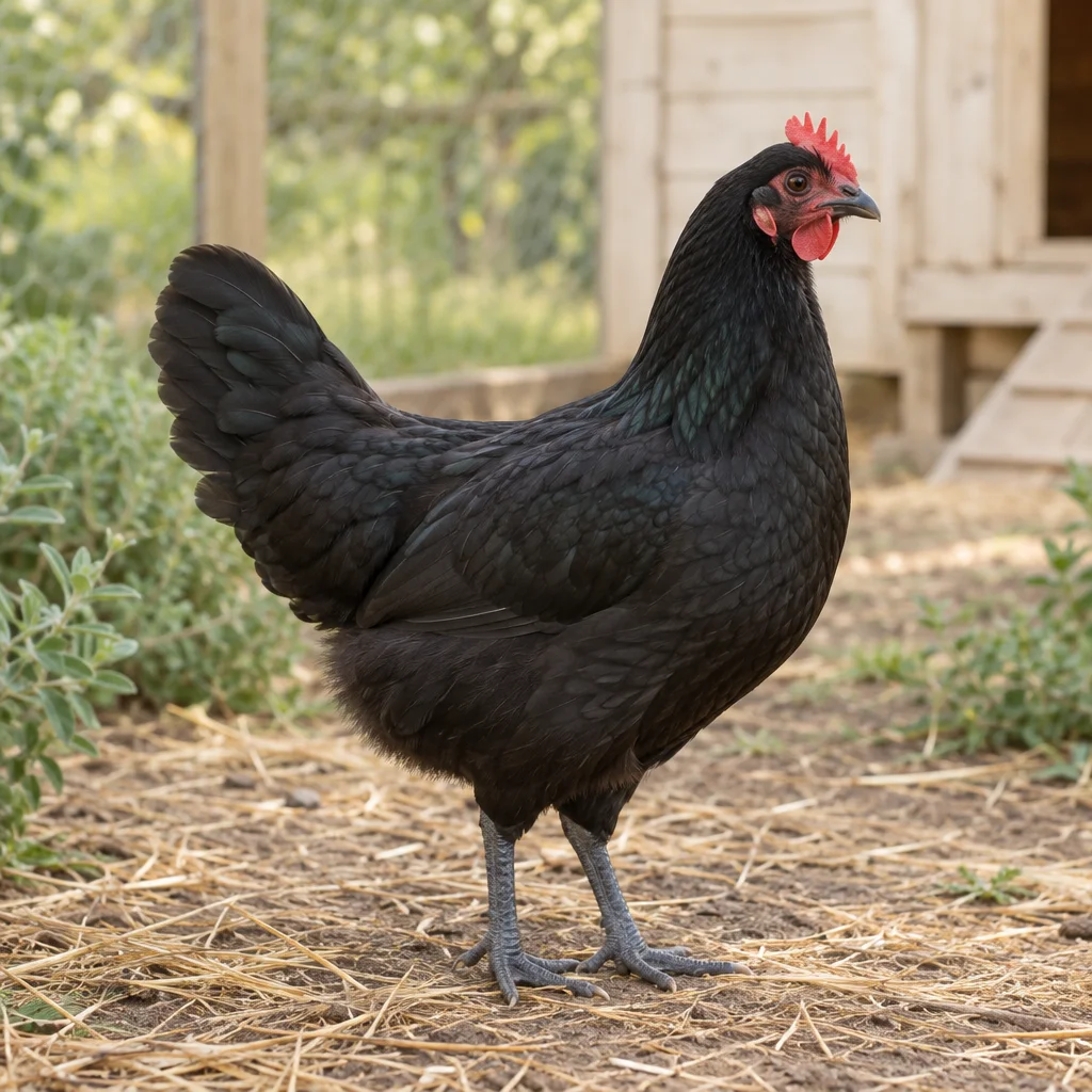 Illustrazione di una gallina Janzé nera con riflessi verdi, cresta rossa e zampe grigio blu accanto a un pollaio.