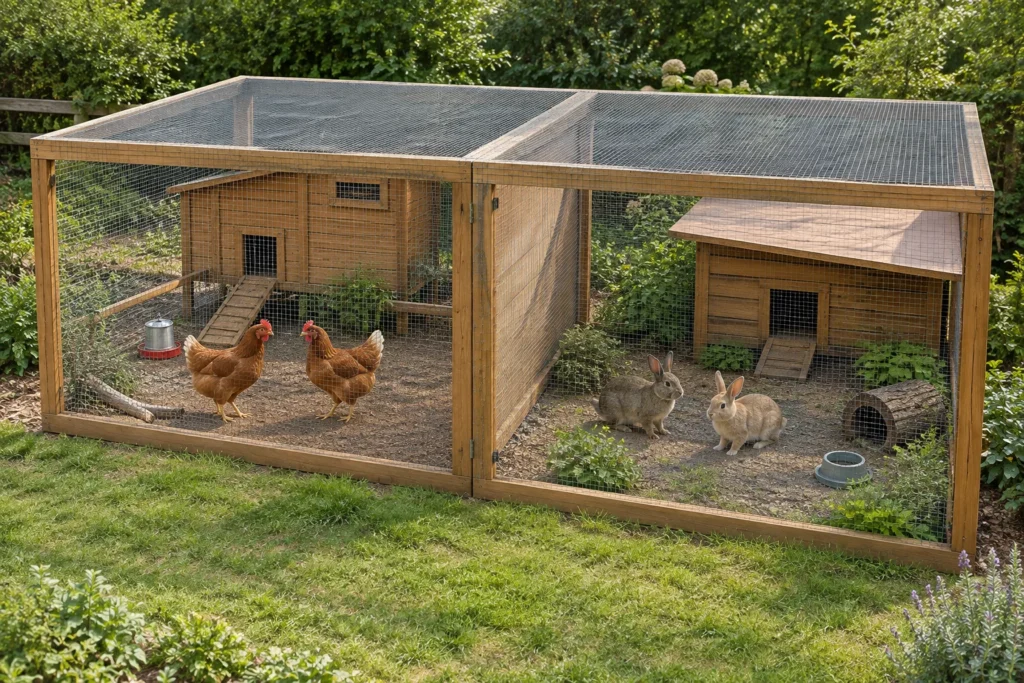 Due galline e due conigli in recinti esterni separati e coperti nello stesso cortile.