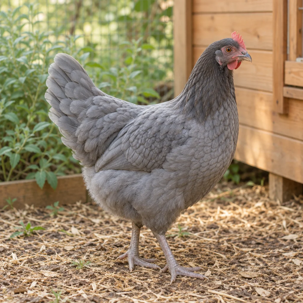 Illustrazione di una gallina ovaiola grigio blu con piume leggermente bordate accanto a un pollaio in legno.