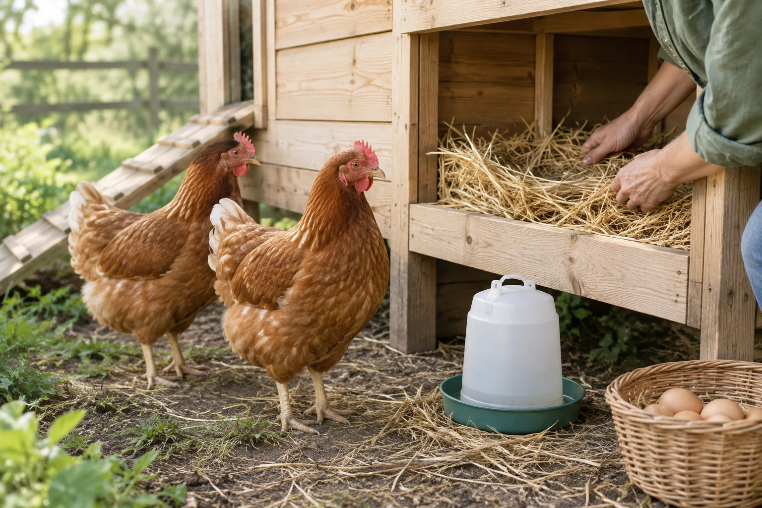 Due galline marroni sono accanto a un pollaio di legno mentre una persona sistema la paglia in un nido. A terra ci sono un abbeveratoio e un cesto con le uova.