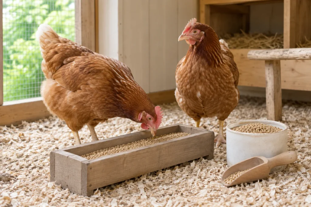 Due galline marroni in un pollaio di legno; una becca il mangime da una mangiatoia. Accanto ci sono un contenitore con mangime e una paletta di legno.