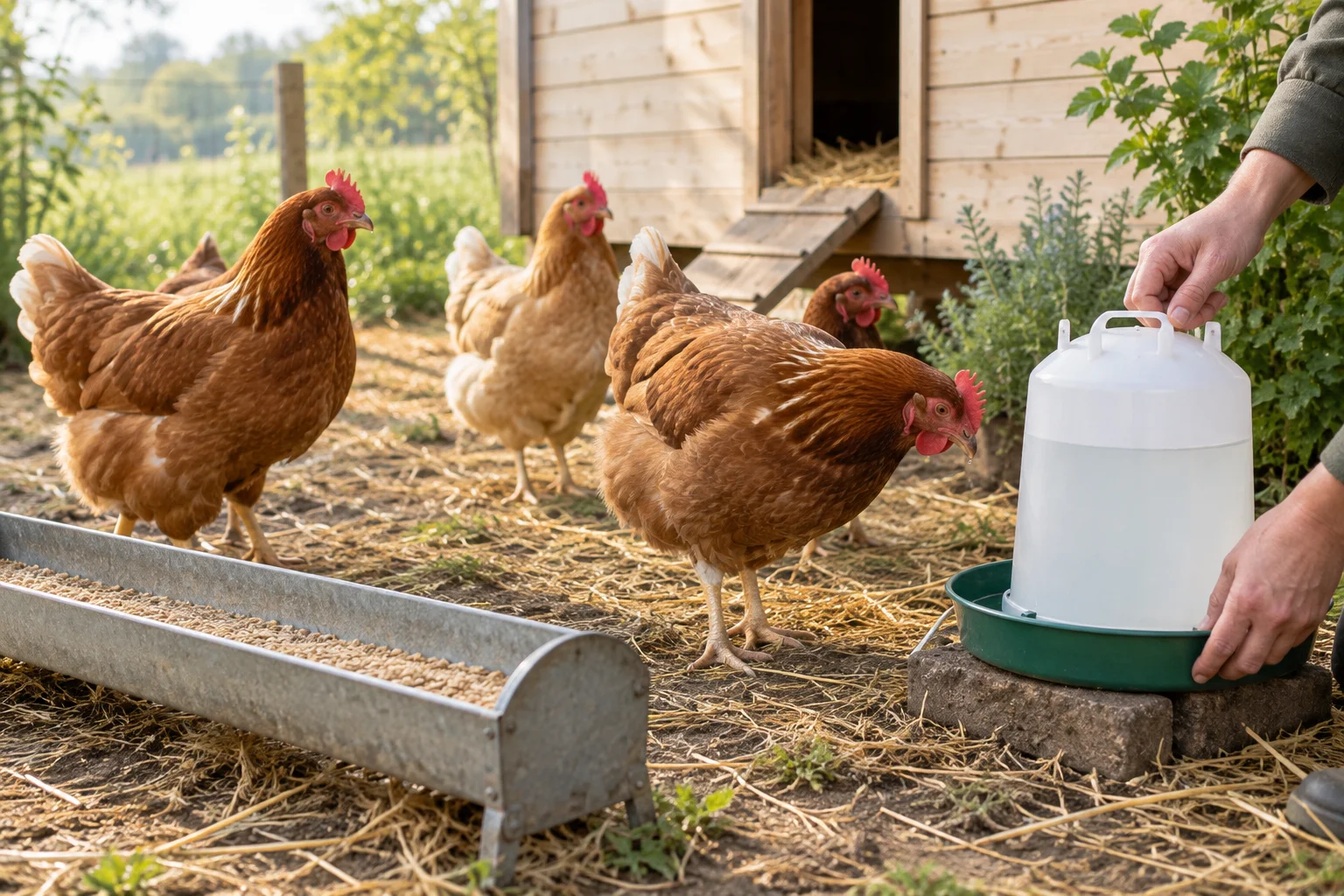 Alcune galline vicino a una mangiatoia e a un abbeveratoio accanto a un pollaio di legno. Una persona tiene in mano l’abbeveratoio.