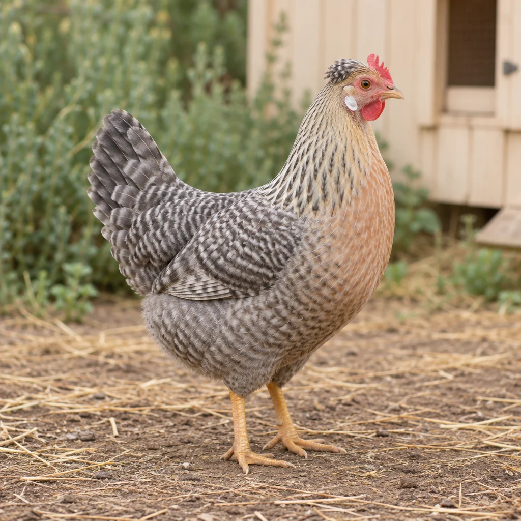 Una gallina con un piccolo ciuffo, piume grigie striate, petto dai toni caldi e zampe gialle sta sul terreno cosparso di paglia davanti a un pollaio di legno chiaro.