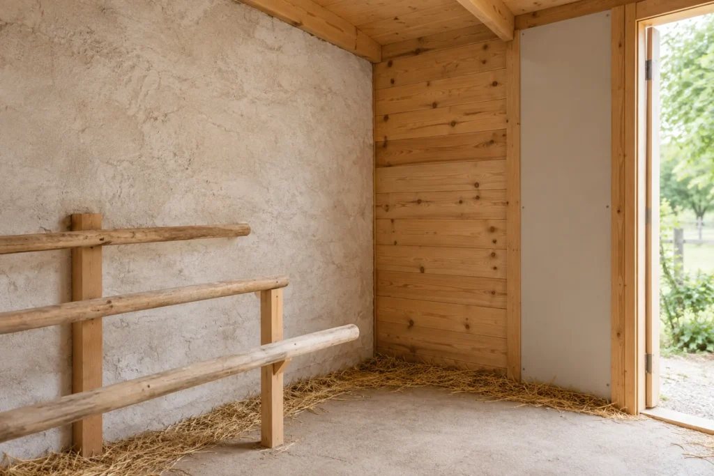 Interno di un pollaio vuoto con una parete chiara, pareti in legno e posatoi.