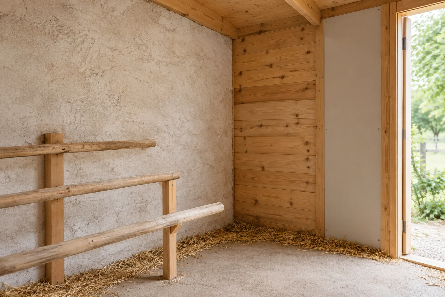 Interno di un pollaio vuoto con una parete chiara, pareti in legno e posatoi.