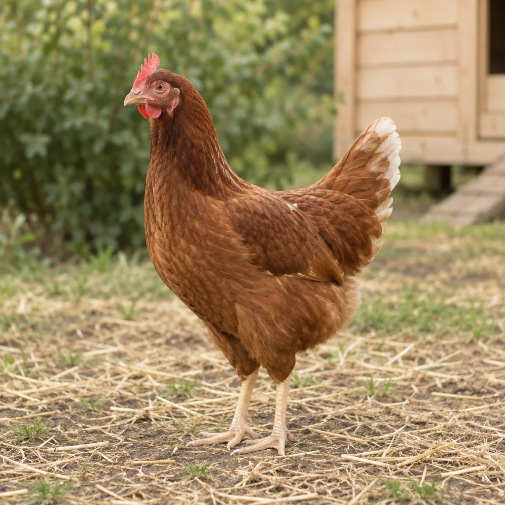 Gallina marrone con cresta rossa, punte della coda chiare e zampe pallide, in piedi sulla paglia davanti a un pollaio di legno.