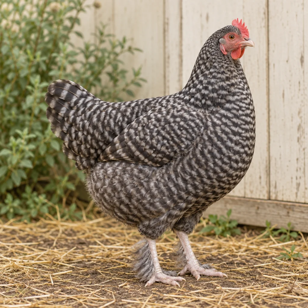 Gallina dalla colorazione cucù con cresta rossa e zampe piumate, in piedi sulla paglia davanti a una parete di legno chiaro.