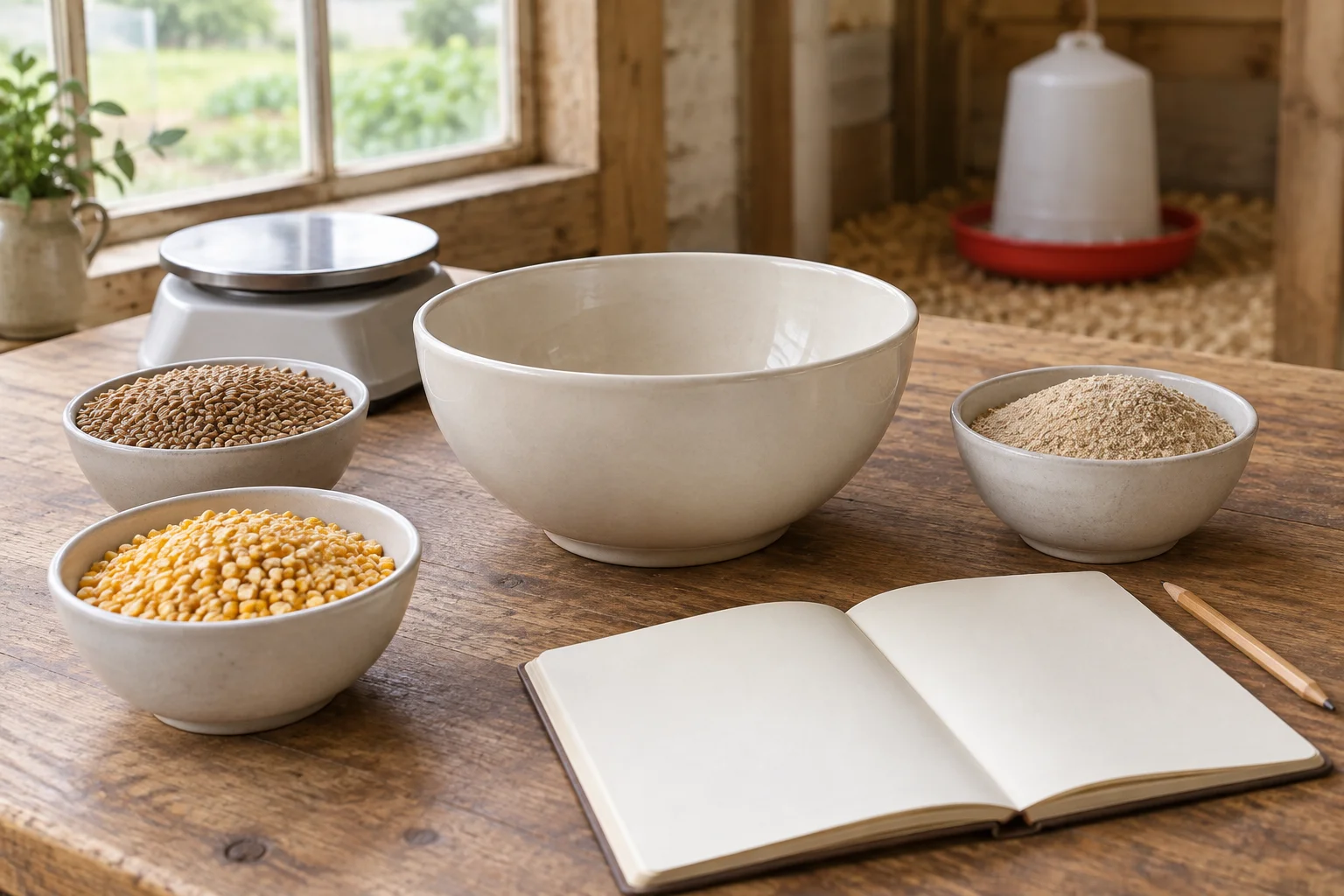 Su un tavolo di legno ci sono ciotole con chicchi di cereali, granuli gialli e farina, accanto a una ciotola vuota, una bilancia e un quaderno aperto.